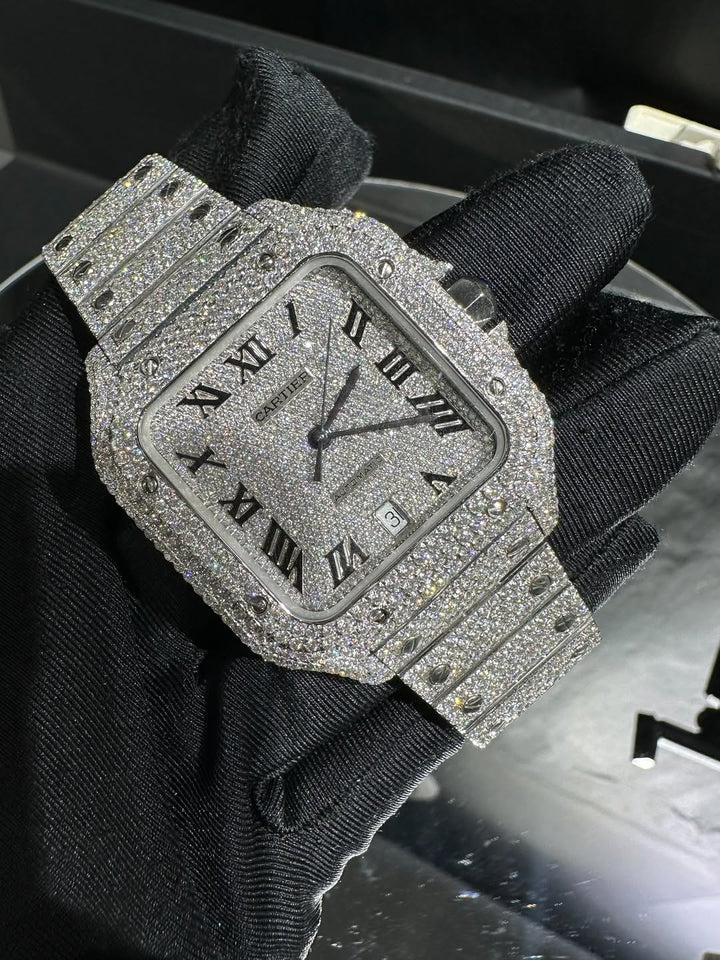 Moissanite Cartier Watch – Fully Iced Out White Gold Santos