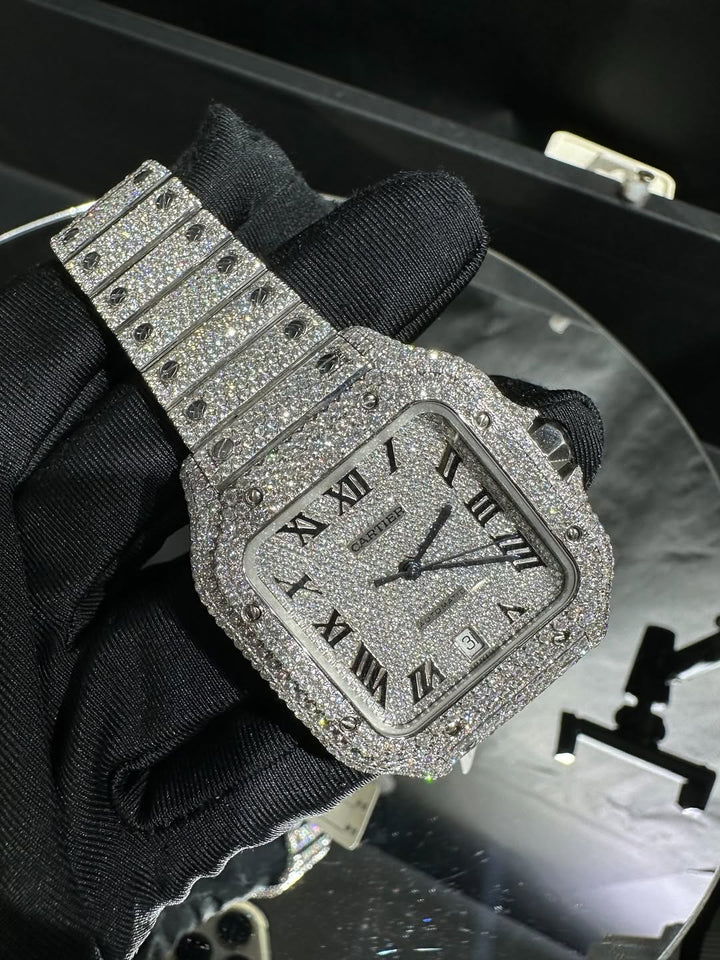 Moissanite Cartier Watch – Fully Iced Out White Gold Santos