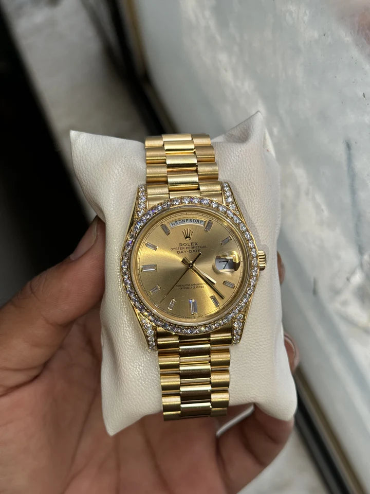 Custom Moissanite Rolex Day-Date - Yellow Gold (Round Bezel & Lugs)
