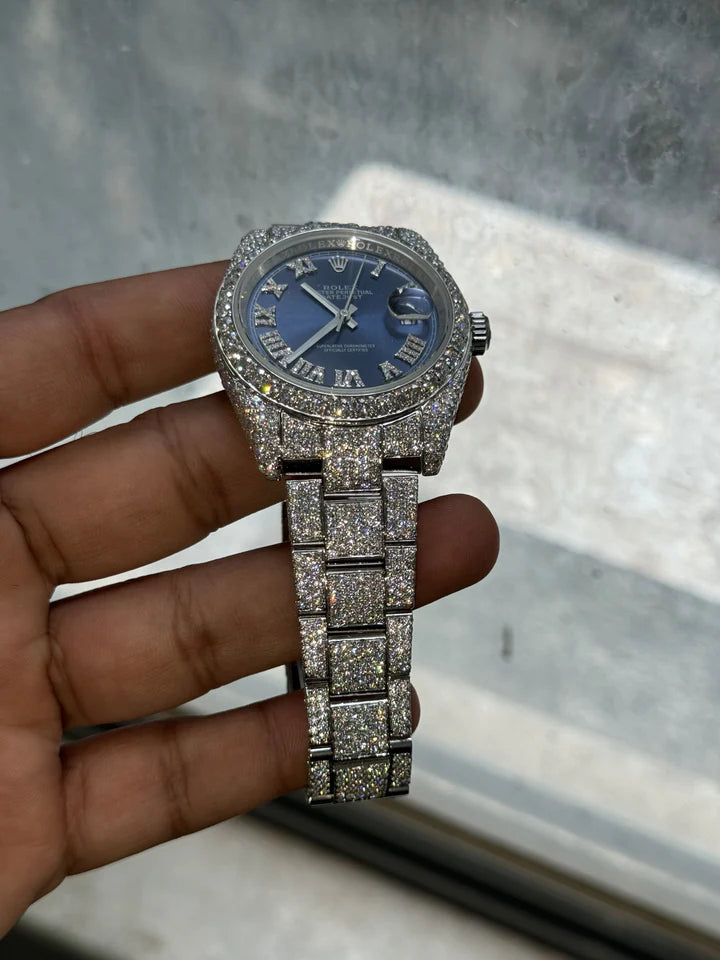 Custom Moissanite Rolex Datejust 41mm - Blue Dial (Full Buss Down)