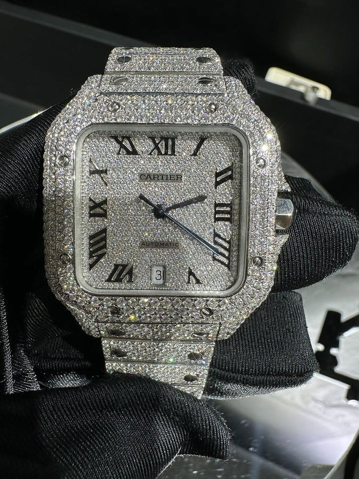 Moissanite Cartier Watch – Fully Iced Out White Gold Santos