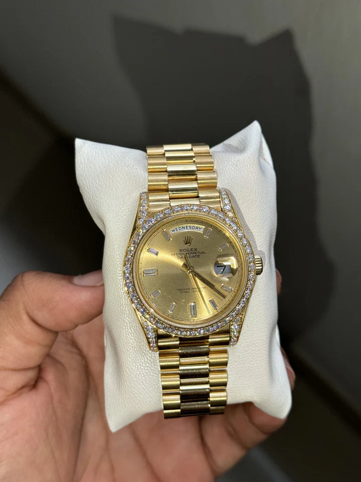 Custom Moissanite Rolex Day-Date - Yellow Gold (Round Bezel & Lugs)
